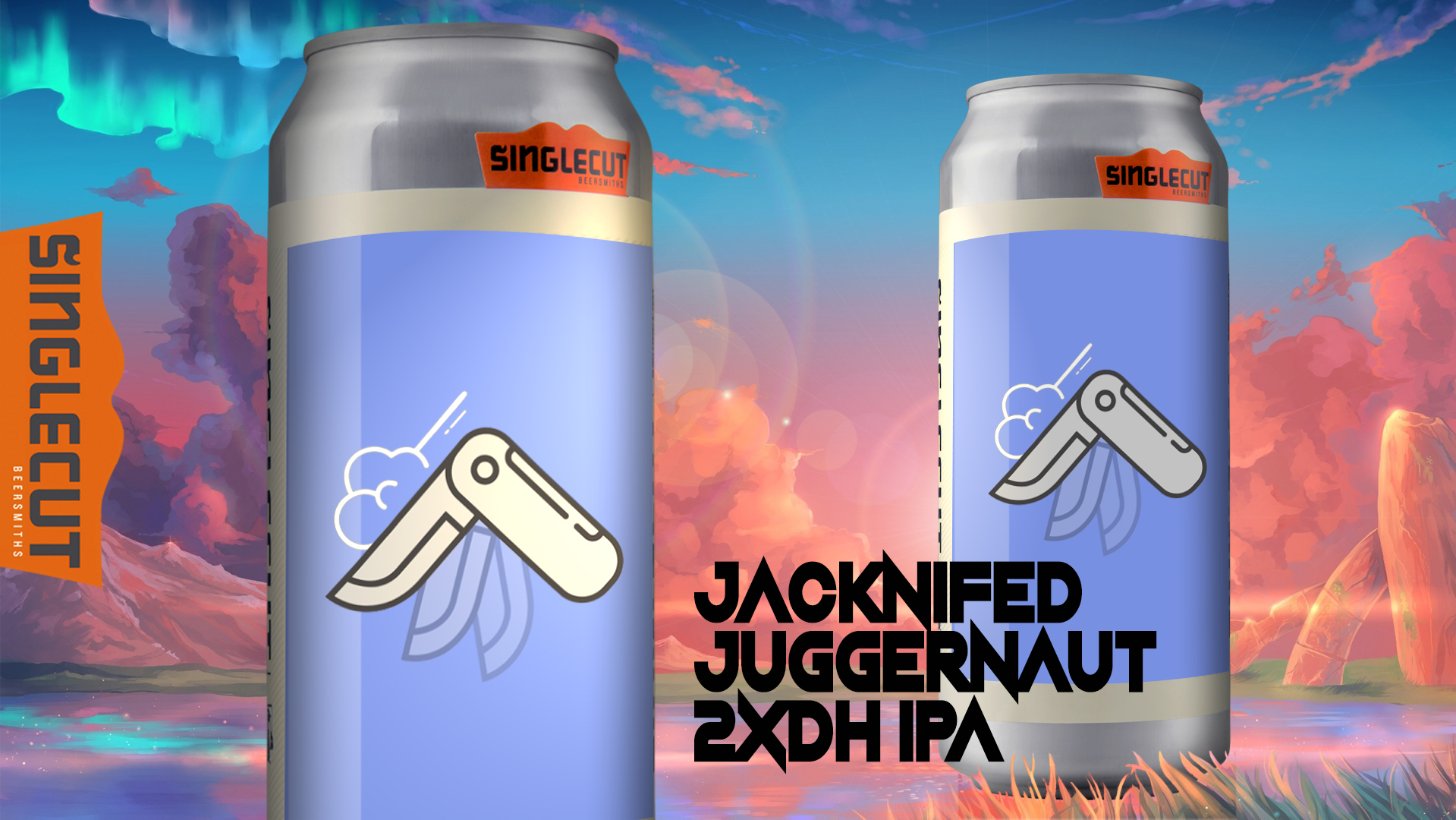 two cans of jacknifed juggernaut ipa on a colorful sunset background