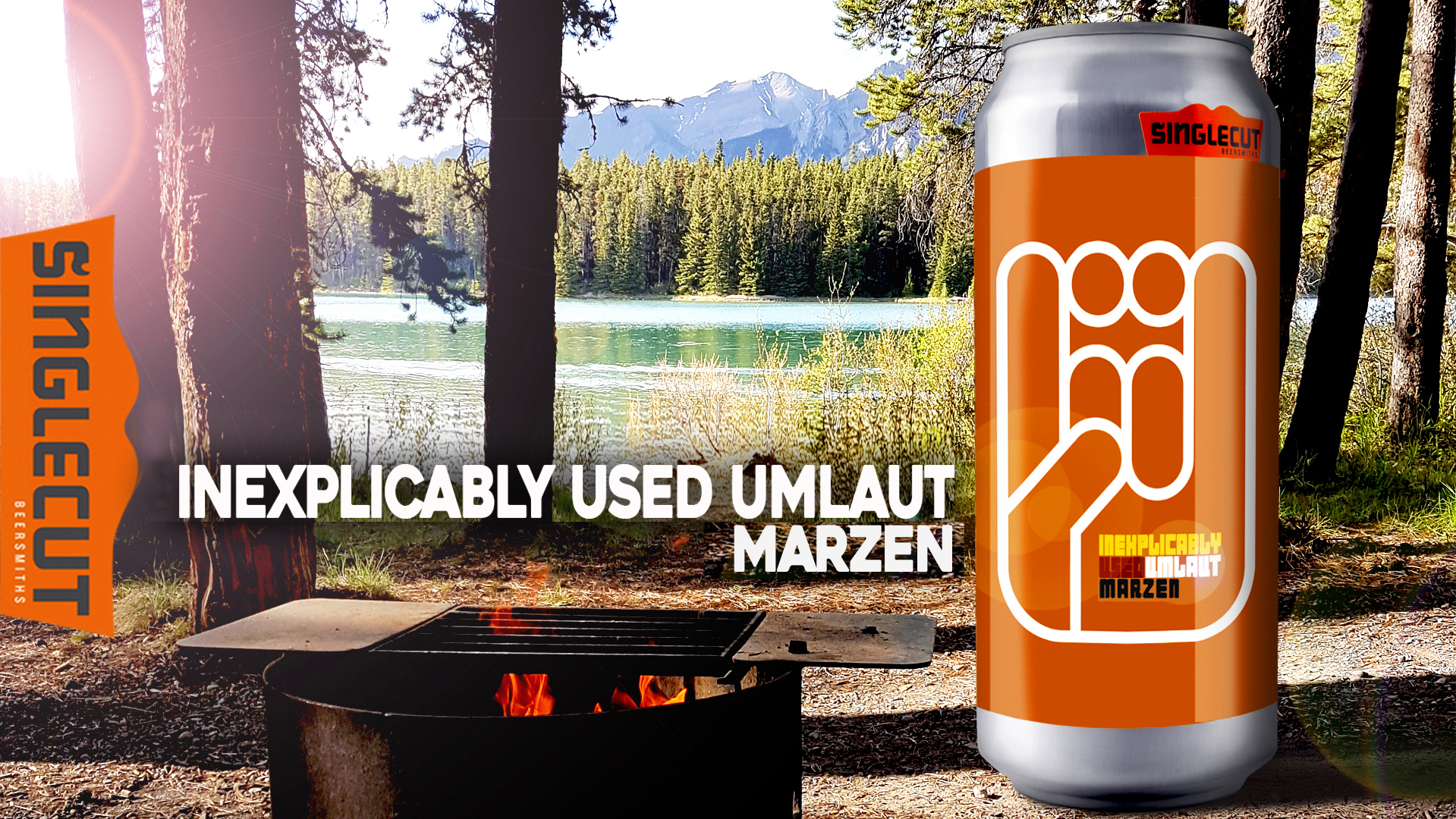 inexplicaly used umlaut marzen beer can in forest near lake with fire pit