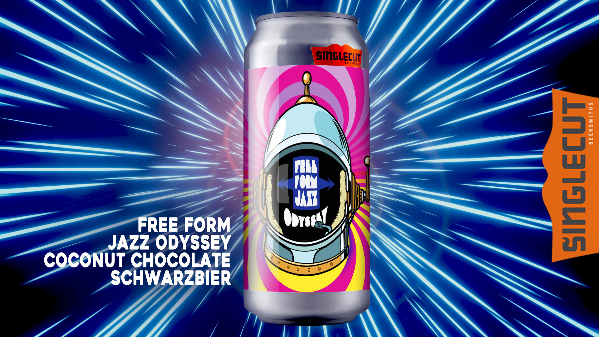 illustration of a beer can with an illustration of an astronaut's helmet  floating in a spacescape with the words "Free Form Jazz Odyssey Coconut Chocolate Schwarzbier