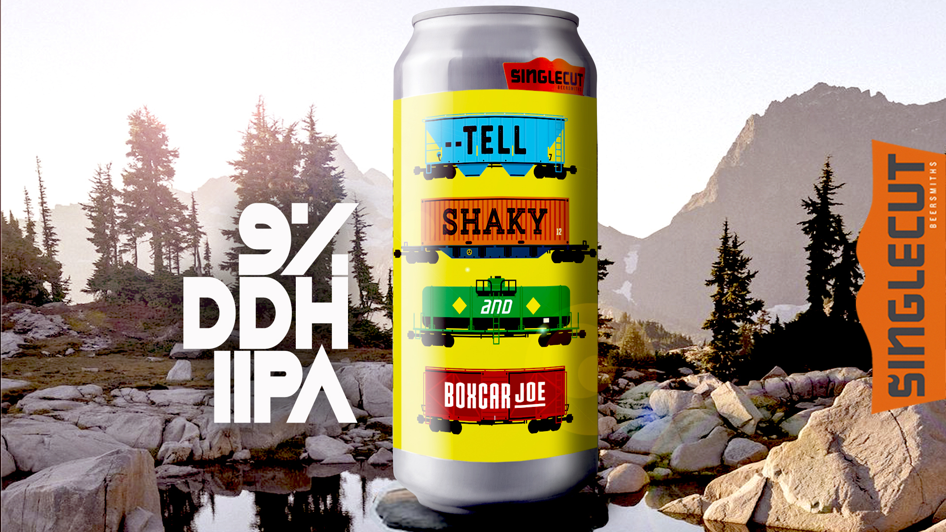 a can of beer sitting on a rock on a mountain stream. the can's label says "Tell Shaky and Boxcar Joe" and there's additional text on the image that says "9% DDH IIPA"