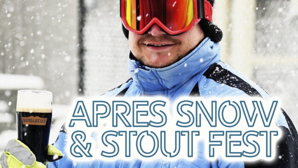 man in snow gear with beer title apres snow and stout fest