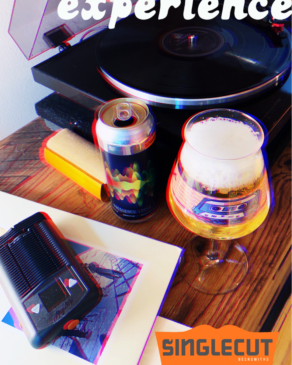 experience singlecut lager can beer glass record player