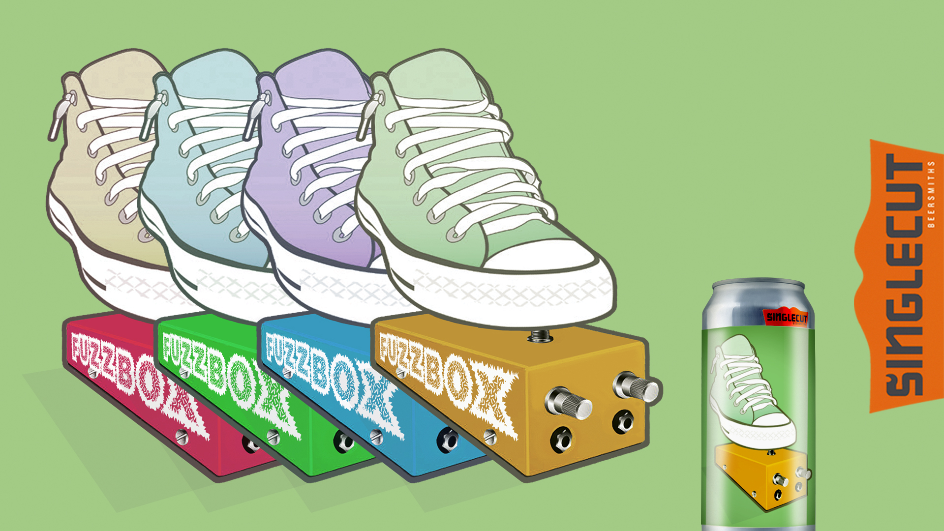 shoes of different colors stepping on a guitar pedal called Fuzzbox with a can of beer
