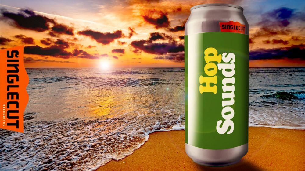 hop sounds beer can on a beach at sunset