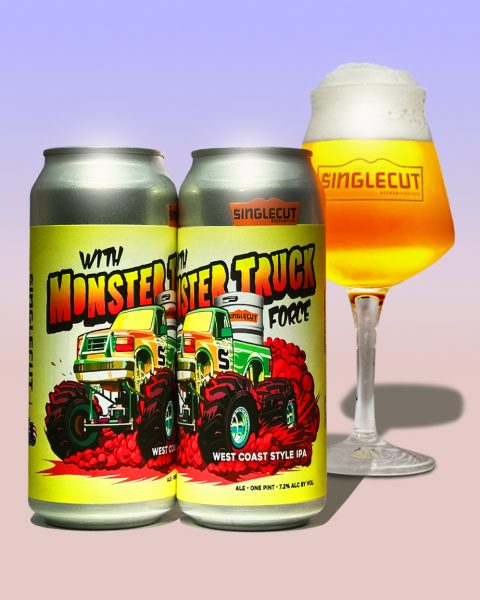 monster truck force beer cans with glass of beer