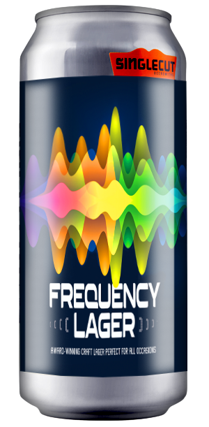colorful beer can saying frequency lager