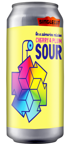 beer can saying on a submarine mission plum & cherry sour with colorful arrows making a submarine