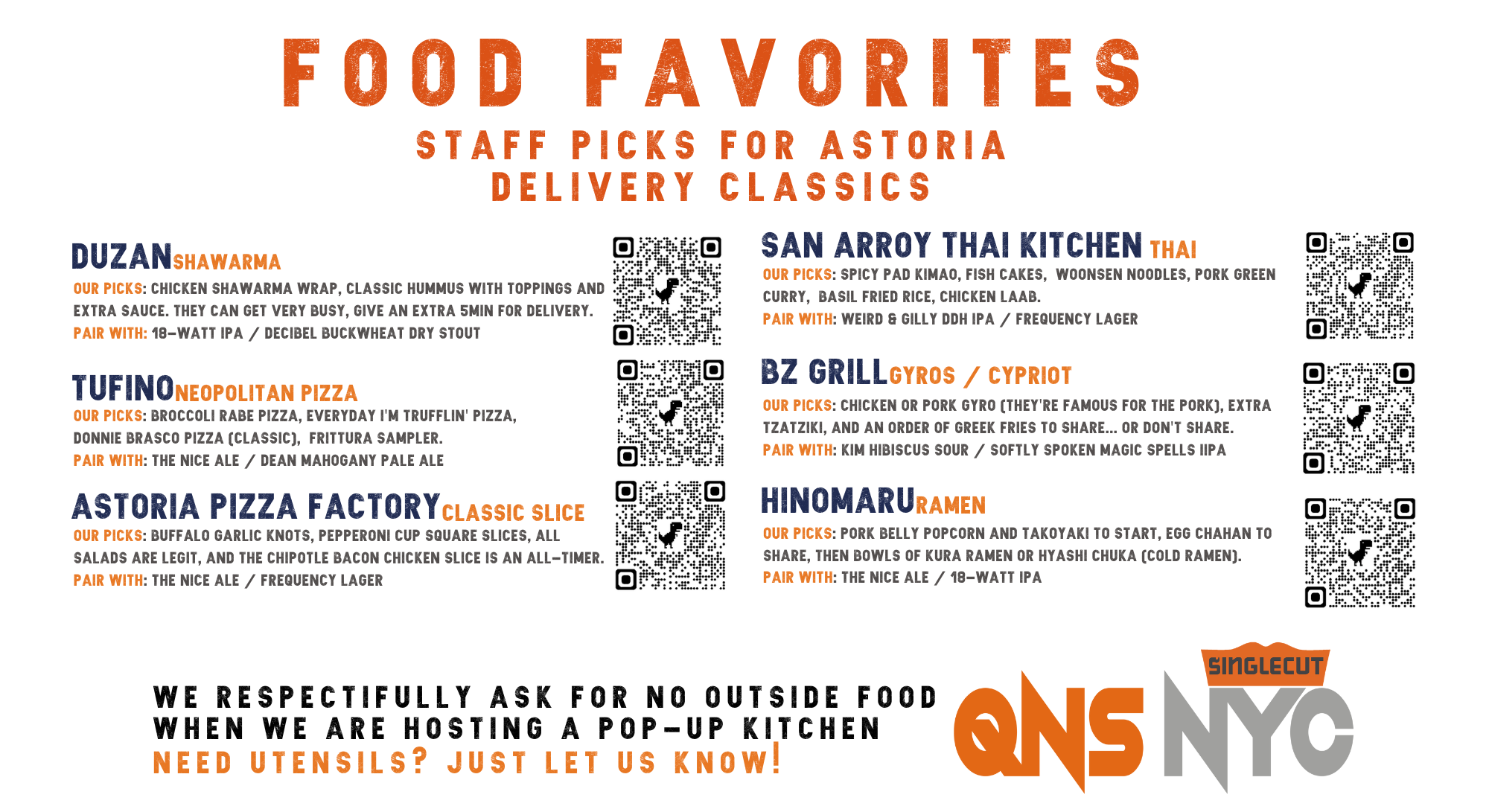 staff picks for astoria delivery options please see bartender for up to date options