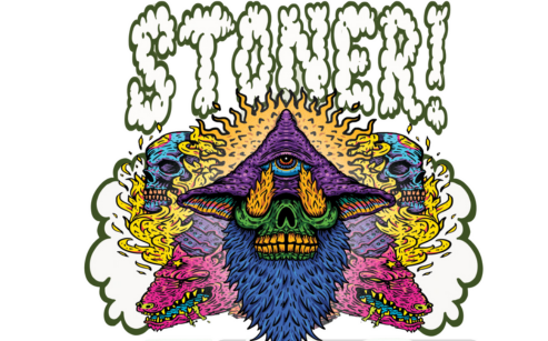 Stoner web logo psychedelic cartoon of bearded man and dog monsters